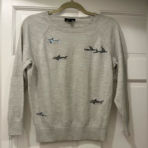 J. Crew unisex shark sweater, size S, beige and sharks embroidered on the front